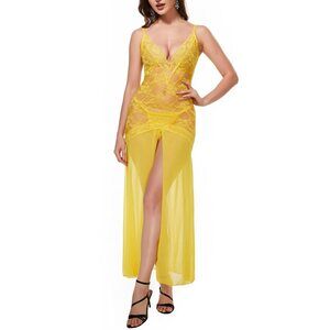 3459 Floral Lace Plus Size Babydoll Lingerie Set Sexy Split Maxi Long